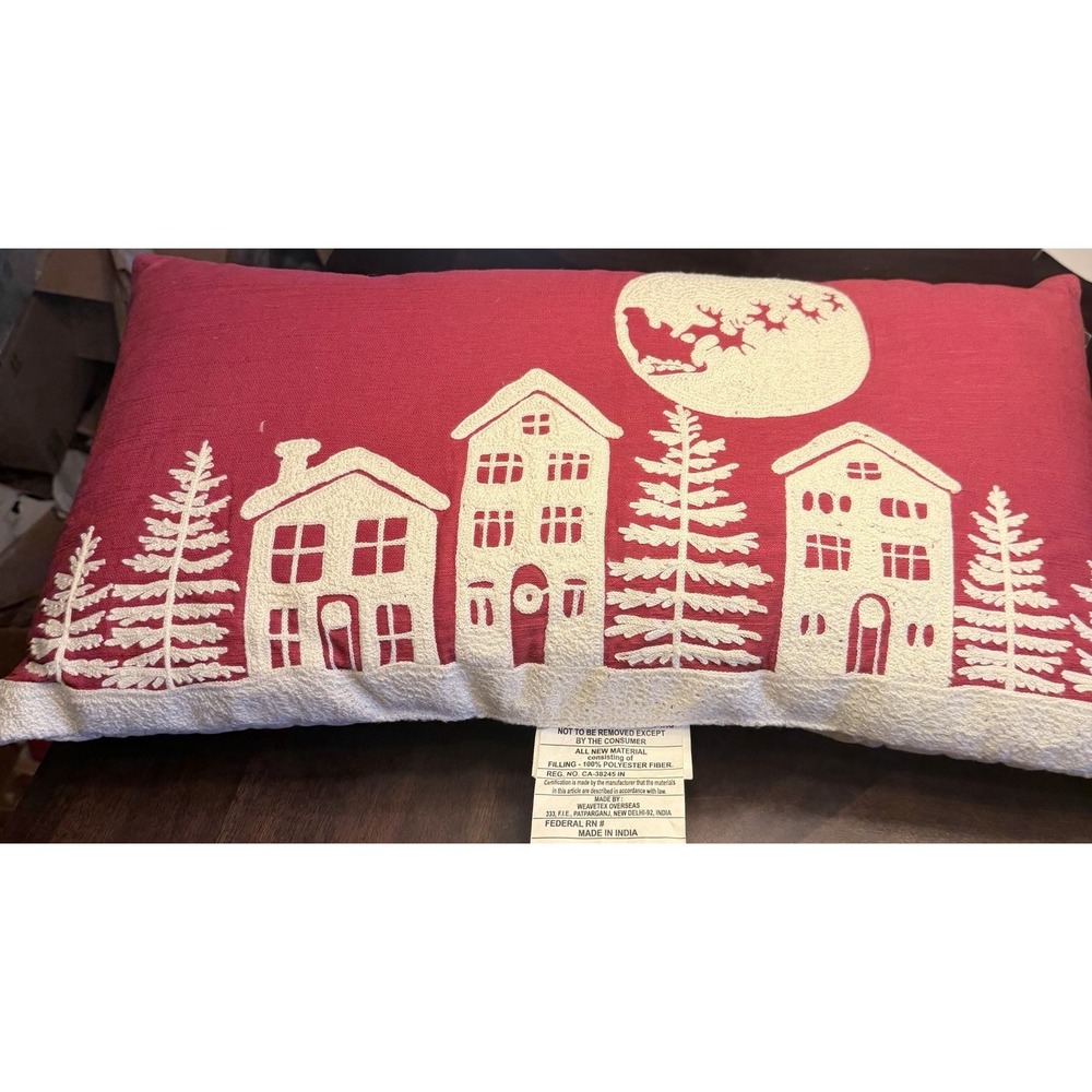 Threshold Red Embroidered Christmas Pillow 15×27 Village Houses Trees NWT santa